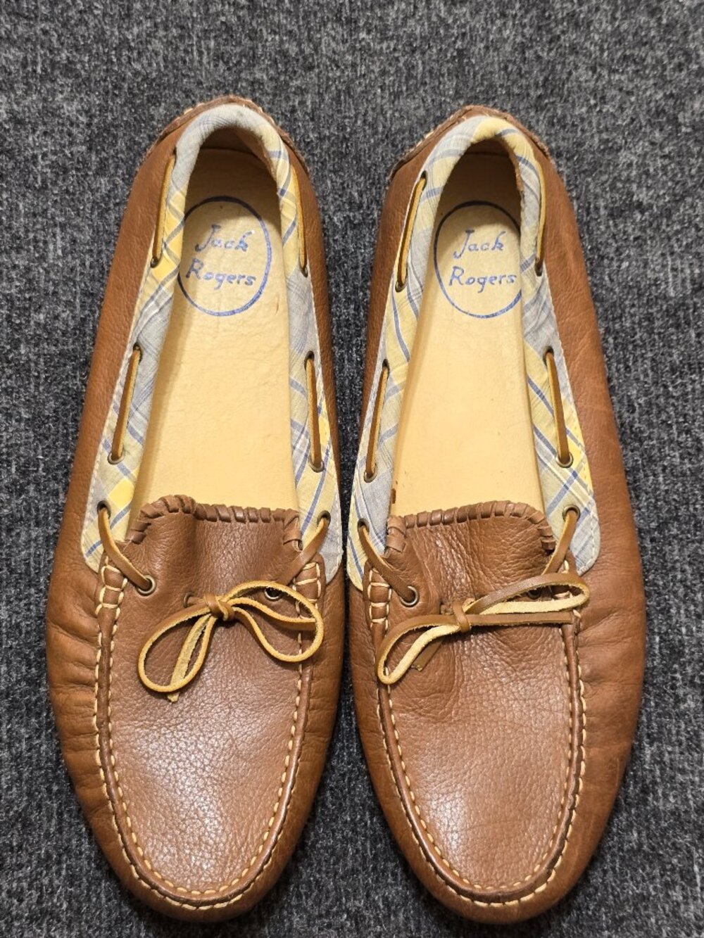 Jack Rogers Paxton Leather Moccasins Men’s 12M Brown Plaid Trim Driving Loafers